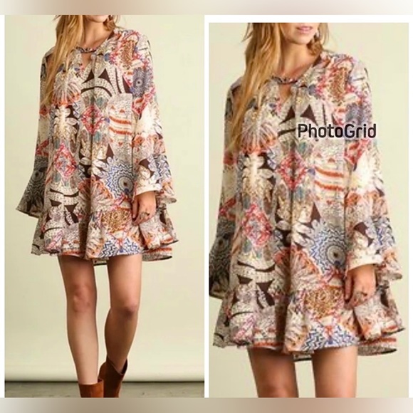 *NWT* BOUTIQUE Umgee Swing Midi Feather Print in Chocolate Red & Bright Blue —S - Picture 2 of 8